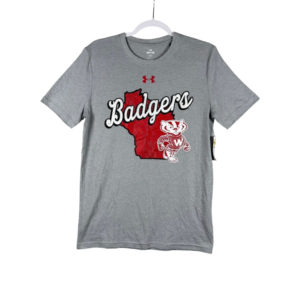 Under Armour Mens S Wisconsin Badgers T-Shirt Gray NCAA Bucky Graphic Tee NEW